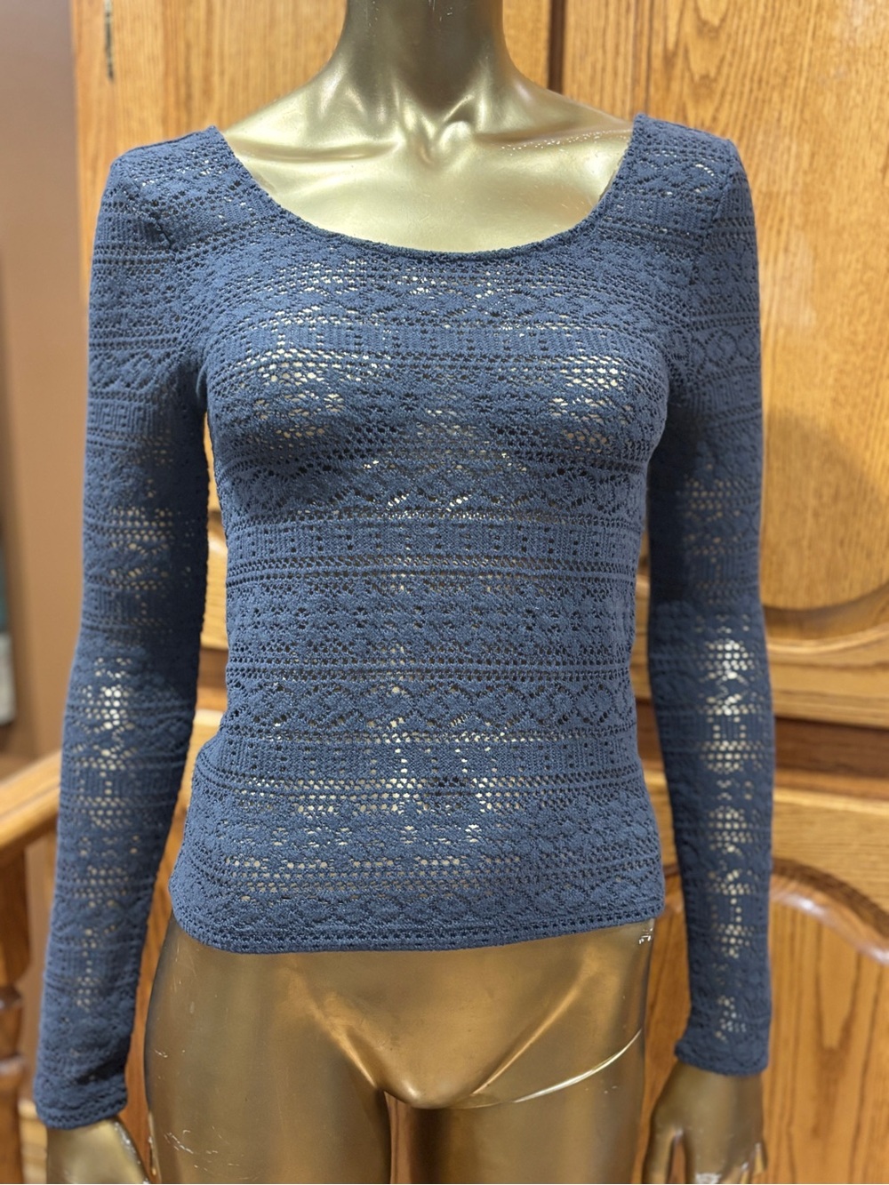 American Eagle Outfitters Navy Blue Crochet Scoop Neck Sweater